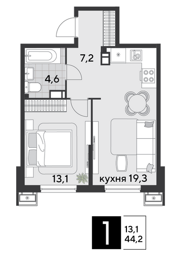 Продажа 1-комнатной квартиры 44,2 м², 6/18 этаж