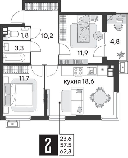 Продажа 2-комнатной квартиры 62,3 м², 4/9 этаж