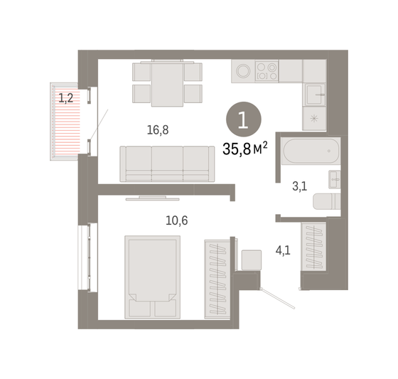 Продажа 1-комнатной квартиры 35,8 м², 6/31 этаж