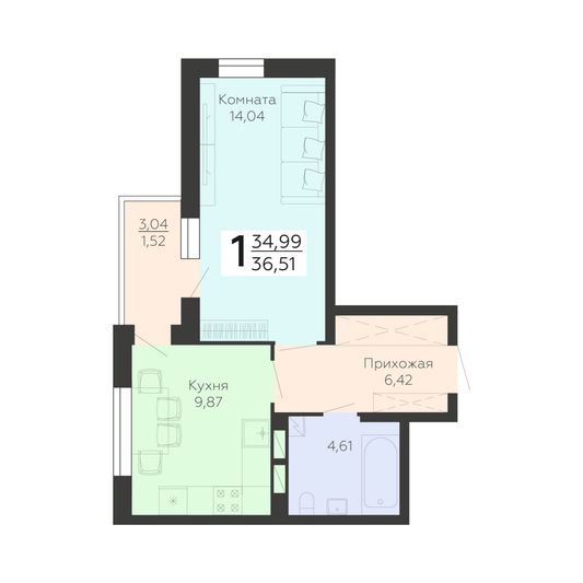 Продажа 1-комнатной квартиры 36,5 м², 4/19 этаж