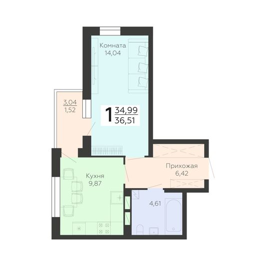 Продажа 1-комнатной квартиры 36,5 м², 10/19 этаж