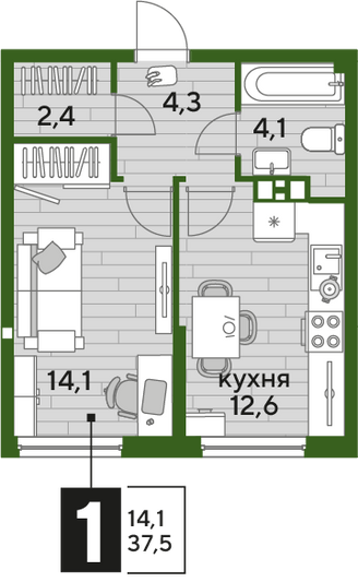 Продажа 1-комнатной квартиры 37,5 м², 5/16 этаж