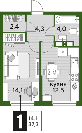 Продажа 1-комнатной квартиры 37,3 м², 11/16 этаж