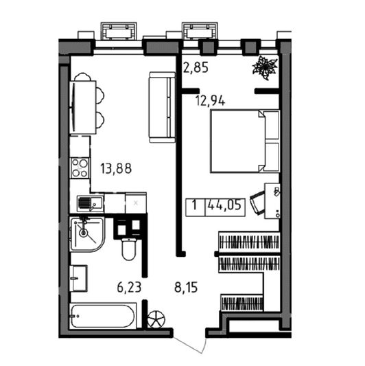 Продажа 1-комнатной квартиры 44 м², 6/23 этаж