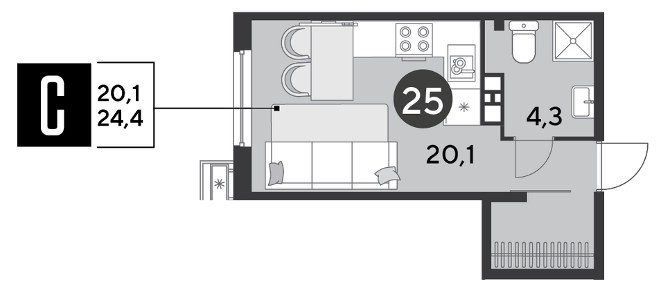 Продажа квартиры-студии 24,4 м², 4/18 этаж