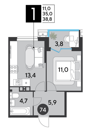 Продажа 1-комнатной квартиры 38,8 м², 9/16 этаж