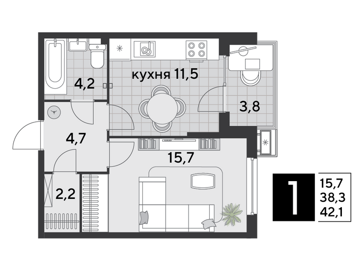 Продажа 1-комнатной квартиры 42,1 м², 2/9 этаж