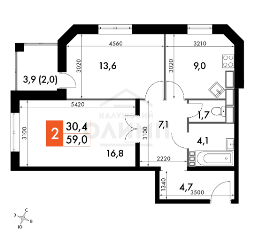 Продажа 2-комнатной квартиры 58,8 м², 14/14 этаж