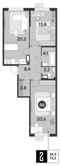 Продажа 2-комнатной квартиры 72,2 м², 10/16 этаж