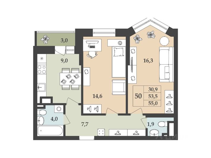 Продажа 2-комнатной квартиры 55 м², 3/3 этаж