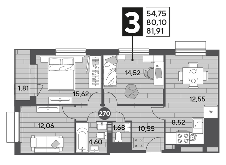 Продажа 3-комнатной квартиры 81,9 м², 2/15 этаж