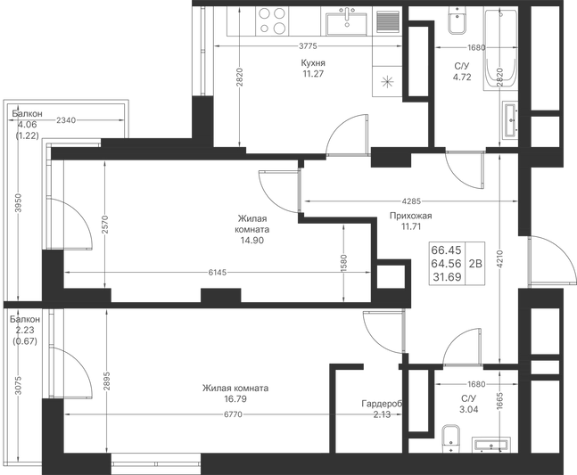 Продажа 2-комнатной квартиры 66,4 м², 5/24 этаж