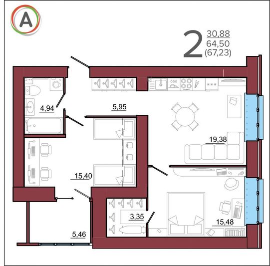 Продажа 2-комнатной квартиры 67,2 м², 9/14 этаж