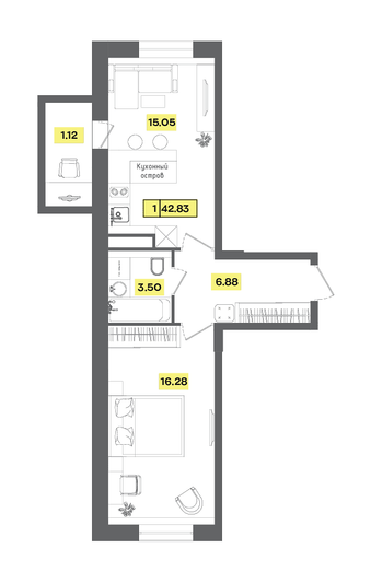Продажа 2-комнатной квартиры 42,8 м², 5 этаж