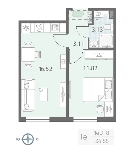 Продажа 1-комнатной квартиры 34,6 м², 2/23 этаж