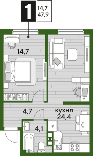 Продажа 1-комнатной квартиры 47,9 м², 4/19 этаж