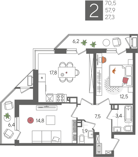 Продажа 2-комнатной квартиры 70,5 м², 6/24 этаж