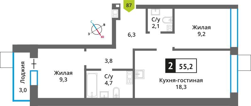 Продажа 2-комнатной квартиры 55,2 м², 6/9 этаж