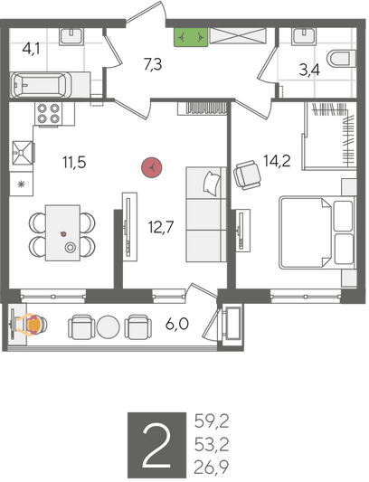 Продажа 2-комнатной квартиры 59,2 м², 2/24 этаж