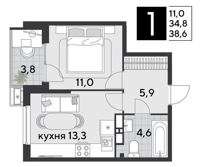 Продажа 1-комнатной квартиры 38,6 м², 14/18 этаж