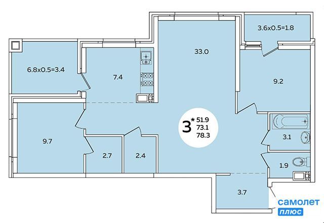 Продажа 3-комнатной квартиры 78,3 м², 12/24 этаж