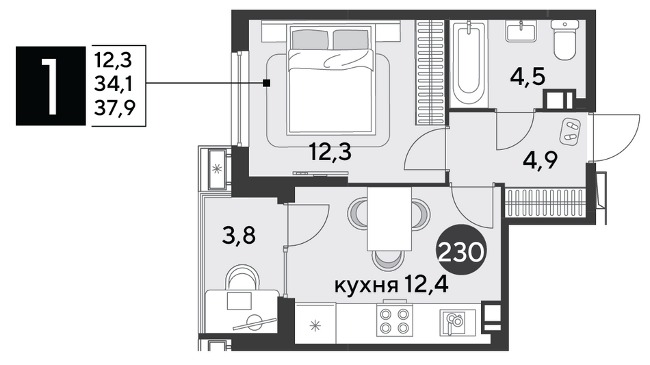 Продажа 1-комнатной квартиры 37,9 м², 8/9 этаж