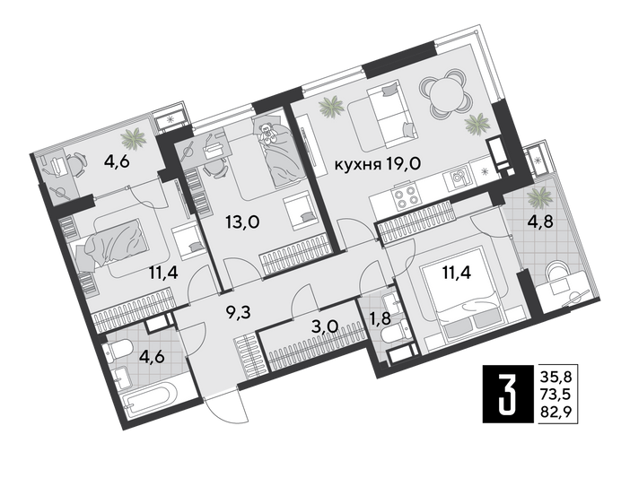 Продажа 3-комнатной квартиры 82,9 м², 11/18 этаж