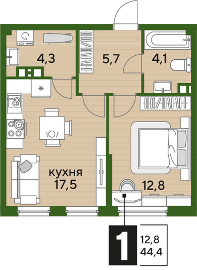 Продажа 1-комнатной квартиры 44,4 м², 6/16 этаж