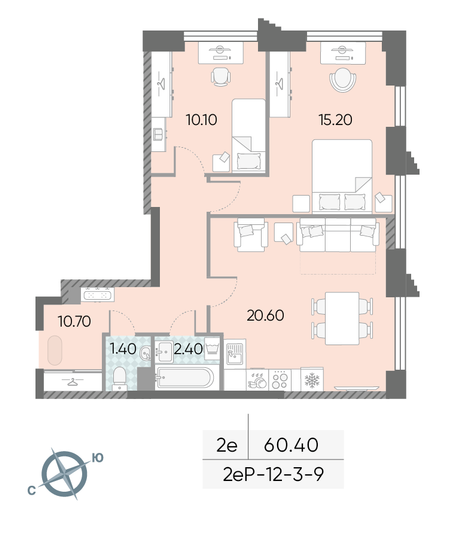 Продажа 2-комнатной квартиры 60,4 м², 3/58 этаж