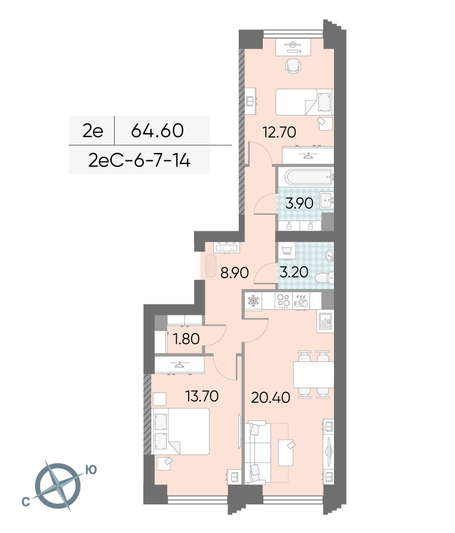 Продажа 2-комнатной квартиры 64,6 м², 9/58 этаж