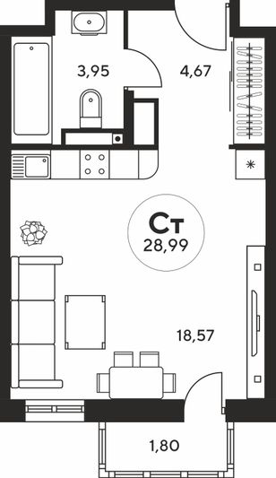 Продажа квартиры-студии 28,8 м², 14 этаж