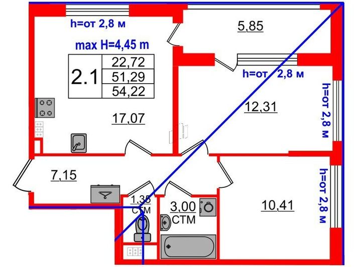 Продажа 2-комнатной квартиры 51,3 м², 4/4 этаж