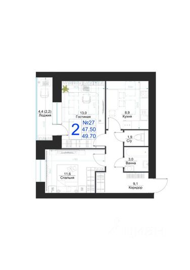 Продажа квартиры со свободной планировкой 49,7 м², 4/4 этаж