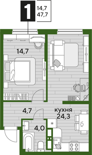 Продажа 1-комнатной квартиры 47,7 м², 11/16 этаж