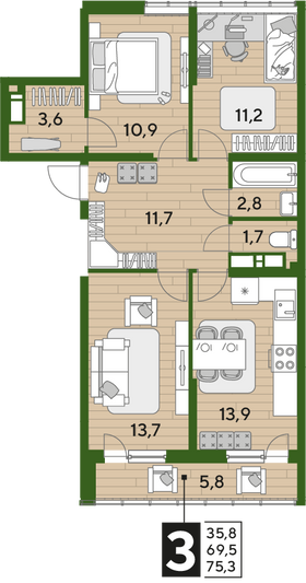 Продажа 3-комнатной квартиры 75,3 м², 15/16 этаж