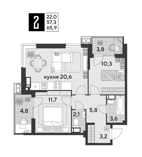 Продажа 2-комнатной квартиры 65,9 м², 15/18 этаж