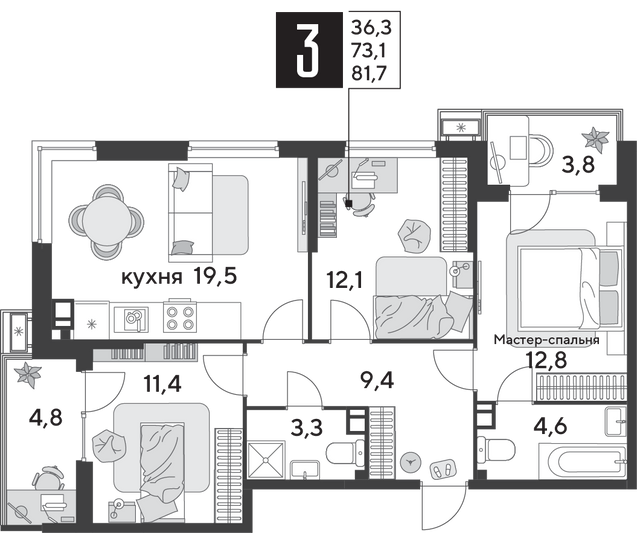 Продажа 3-комнатной квартиры 81,7 м², 6/9 этаж