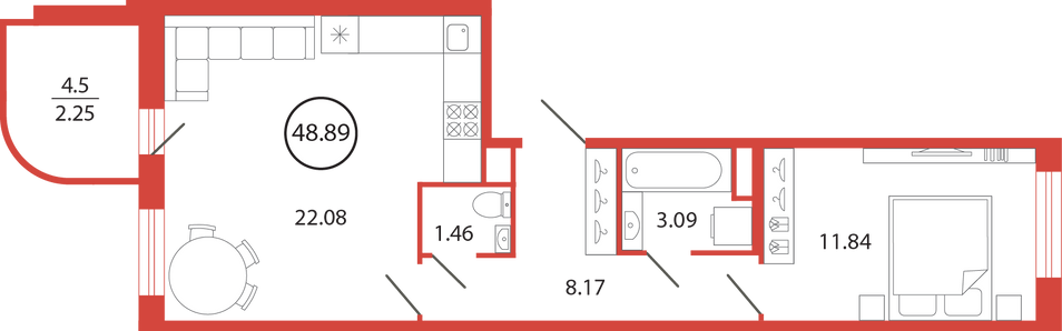 Продажа 1-комнатной квартиры 48,9 м², 2/12 этаж