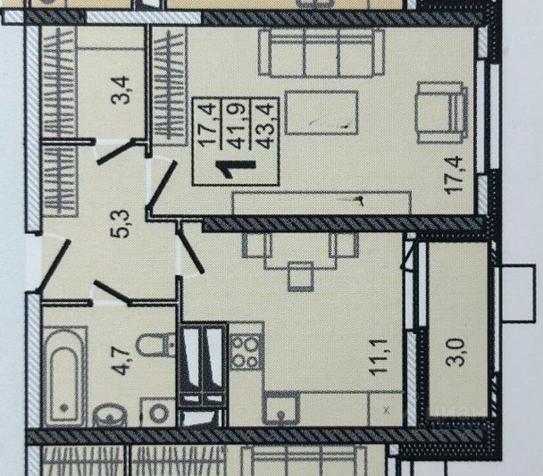 Продажа 1-комнатной квартиры 43,4 м², 20/25 этаж