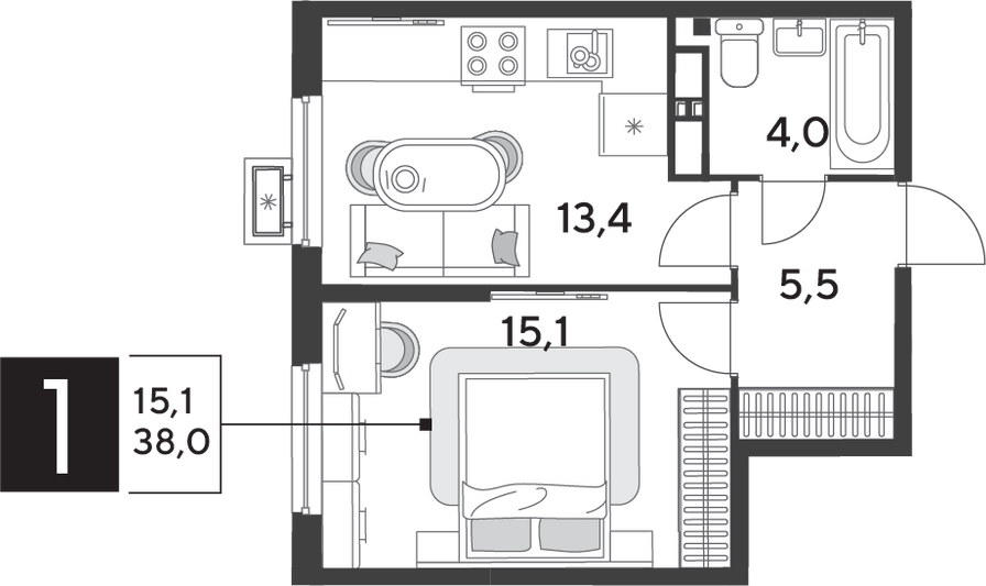 Продажа 1-комнатной квартиры 38 м², 13/18 этаж