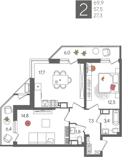 Продажа 2-комнатной квартиры 69,9 м², 22/24 этаж