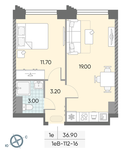 Продажа 1-комнатной квартиры 36,9 м², 16/58 этаж