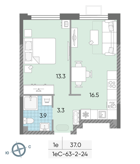 Продажа 1-комнатной квартиры 37 м², 5/24 этаж