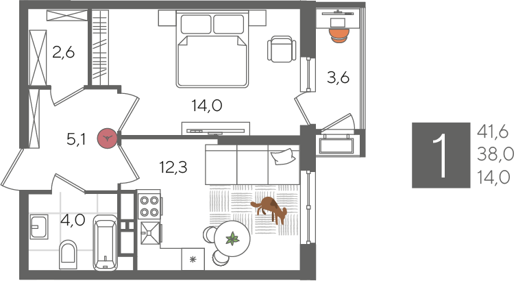 Продажа 1-комнатной квартиры 41,6 м², 14/24 этаж