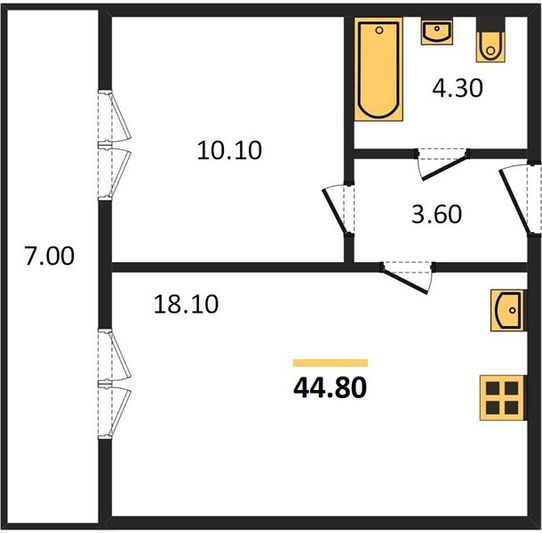 Продажа 1-комнатной квартиры 44,8 м², 4/4 этаж