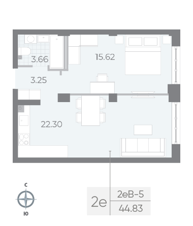 Продажа 1-комнатной квартиры 44,8 м², 2/8 этаж