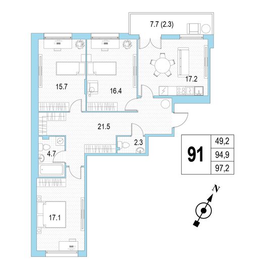 Продажа 3-комнатной квартиры 97,2 м², 3/4 этаж