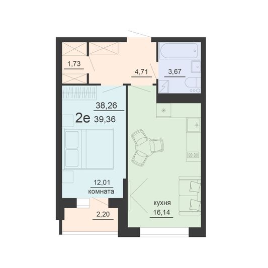 Продажа 2-комнатной квартиры 39,4 м², 15/20 этаж