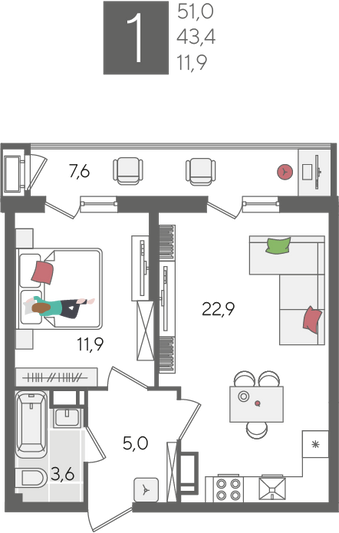 Продажа 1-комнатной квартиры 51 м², 14/24 этаж