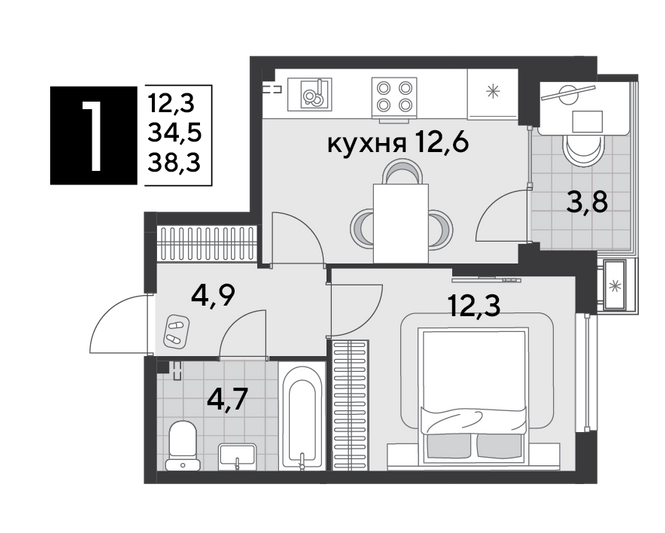 Продажа 1-комнатной квартиры 38,3 м², 2/9 этаж